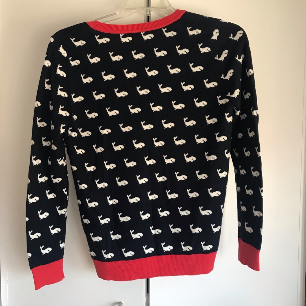 Long sleeve navy and white whale design sweater with red trim. - Picture 2 of 3